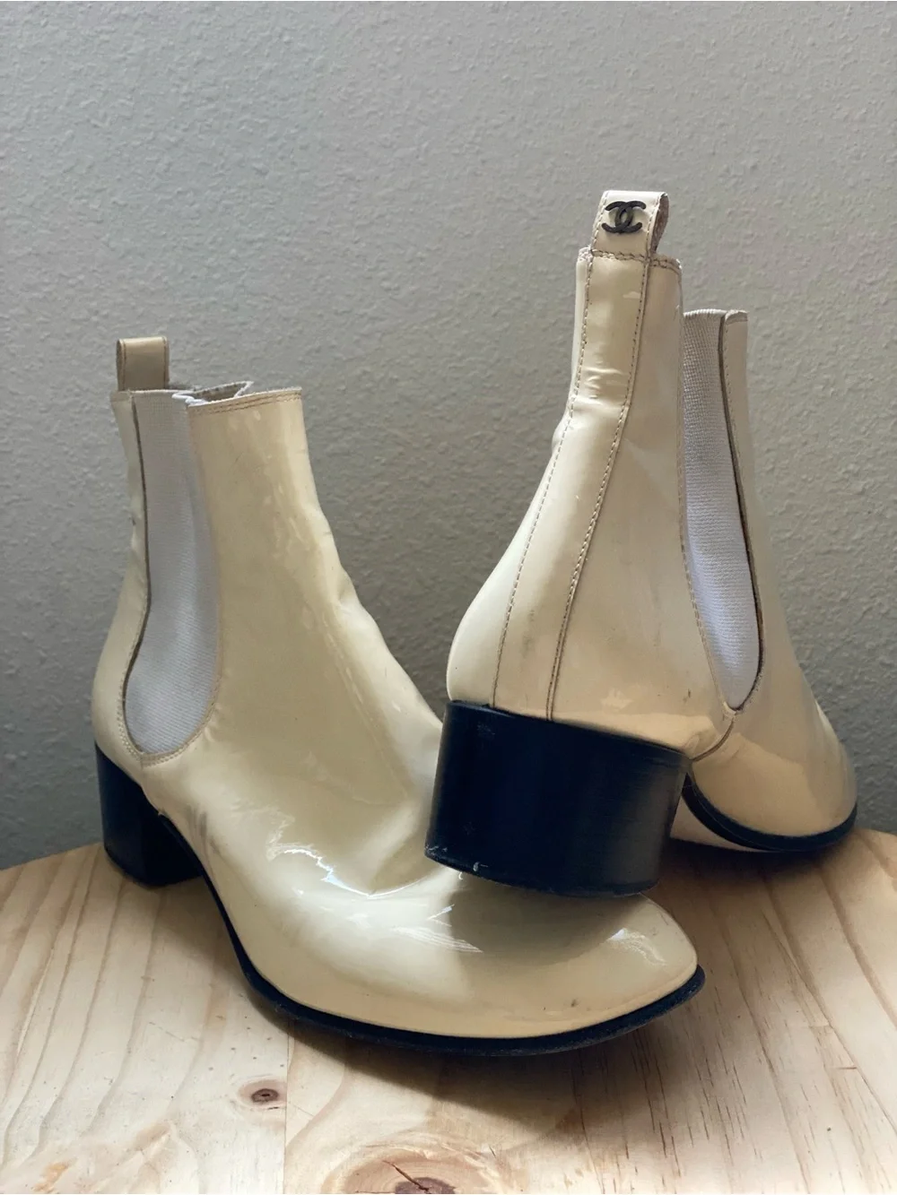 CHANEL Cream Patent Leather Chelsea Booties with Black Block Heel